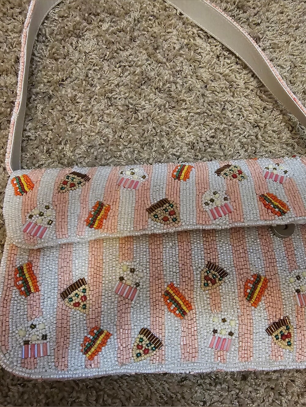 Nwt Beaded Pizza Burger Cupcake Bag Pink Stripe Handcrafted In India
